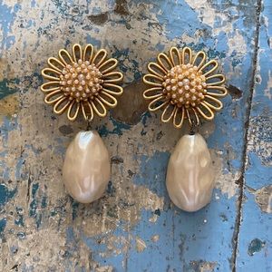 Vintage flower design mother of pearl and seed pearl drop clip on earrings
